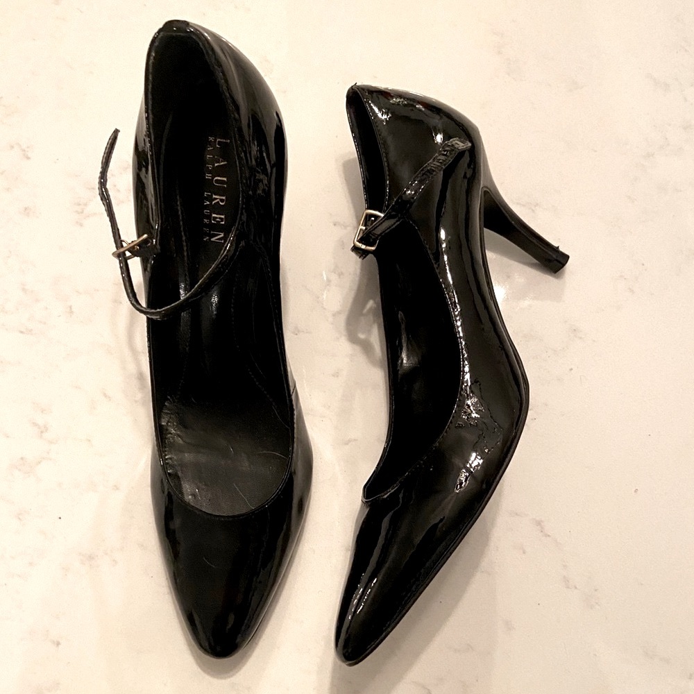 Like new, Lauren by Ralph Lauren black patent leather Mary Jane 3” heels, 9.5